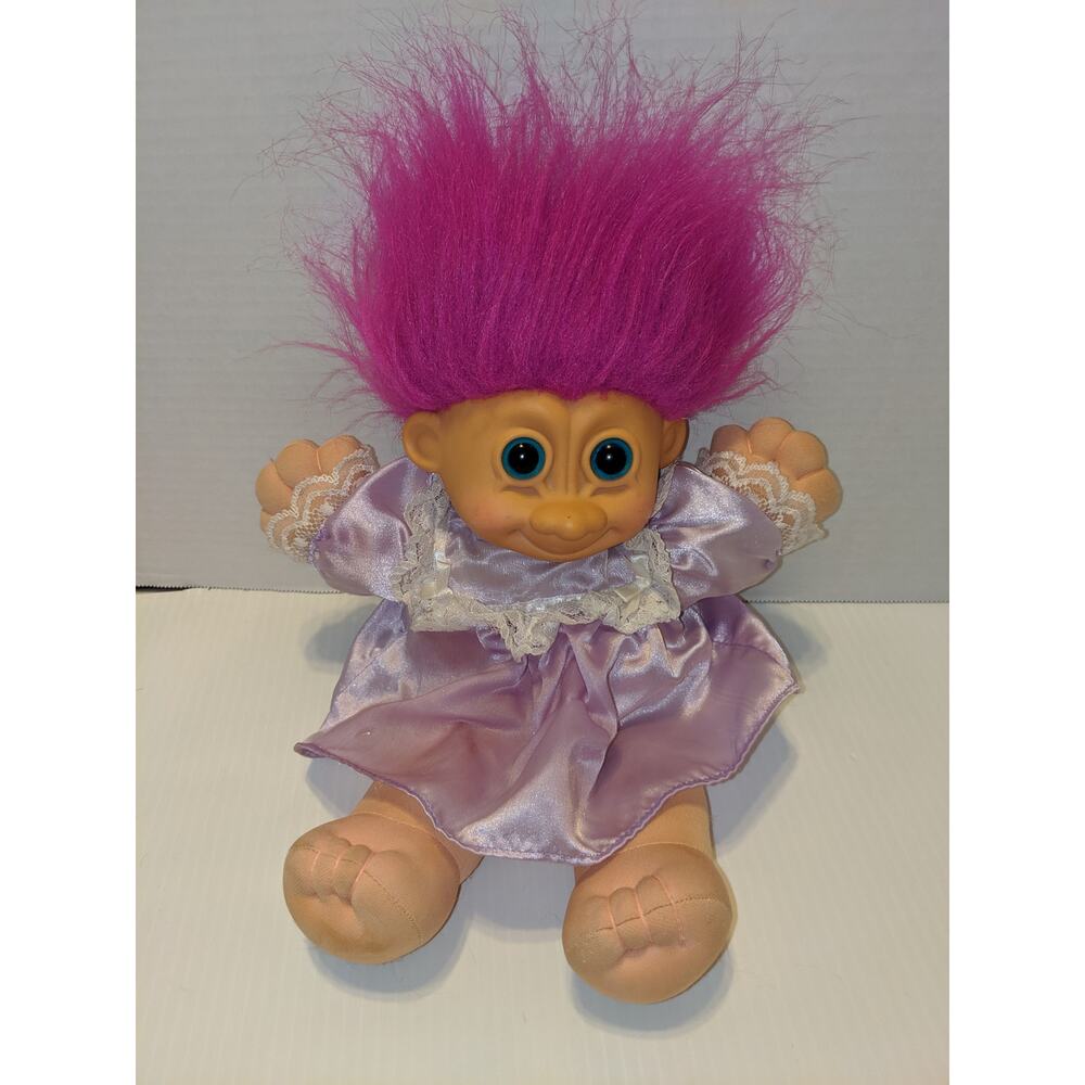 Vintage 12" Russ Berrie Troll Kid Doll Purple Dress Purple Hair